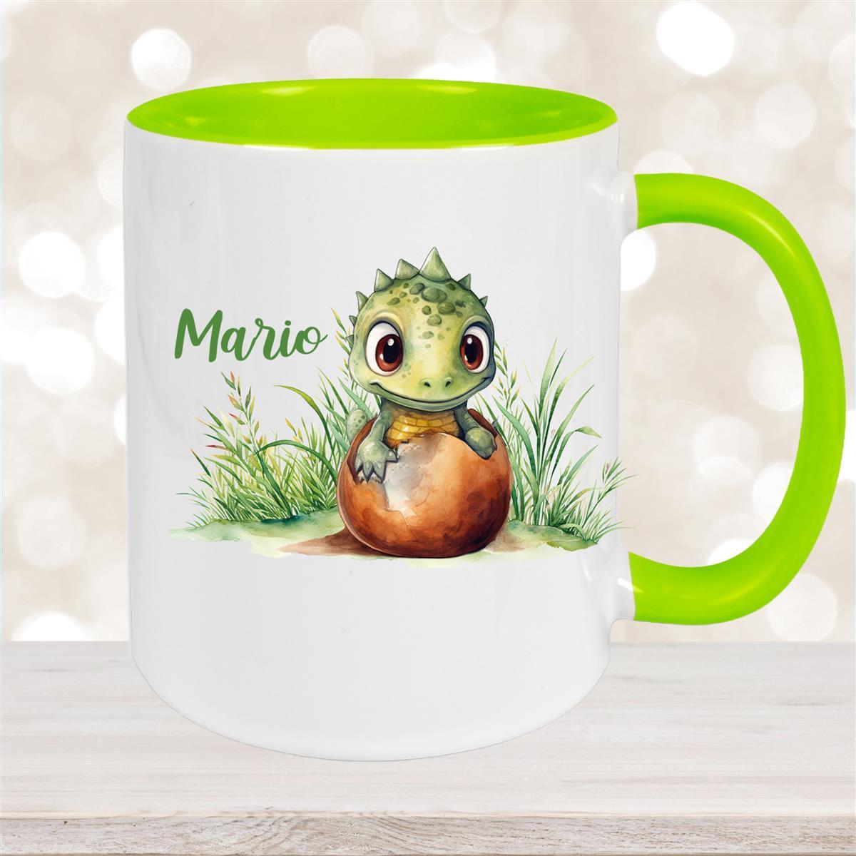 Tasse Dino #7 Wunschname Keramik Kinderbecher Personalisiert Grün