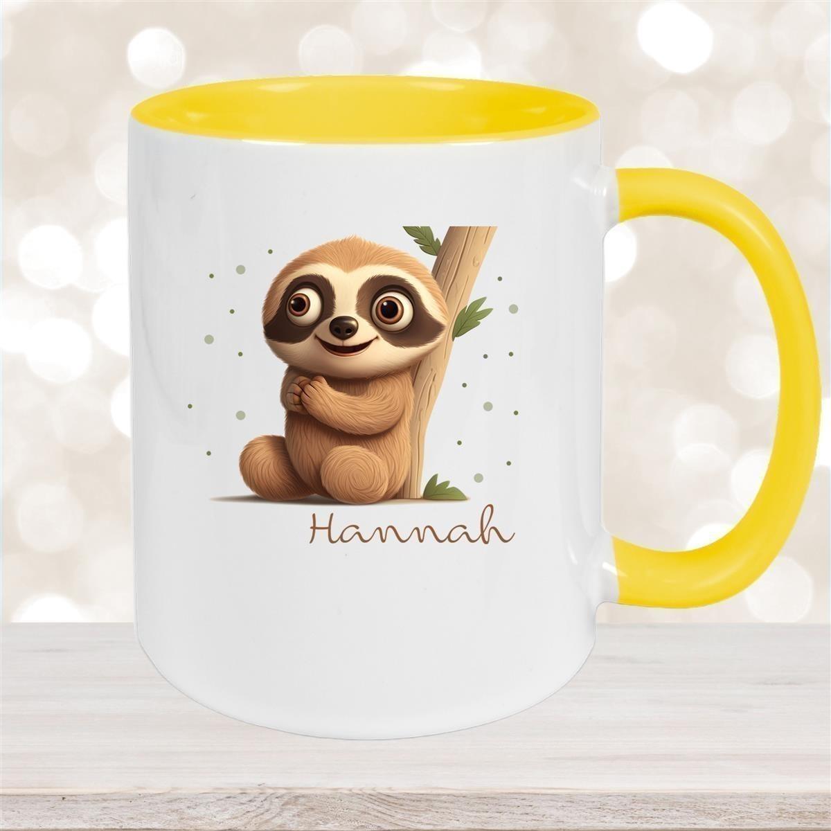 Tasse Wunschname Faultier-Baum Keramik Kinderbecher versch. Farben
