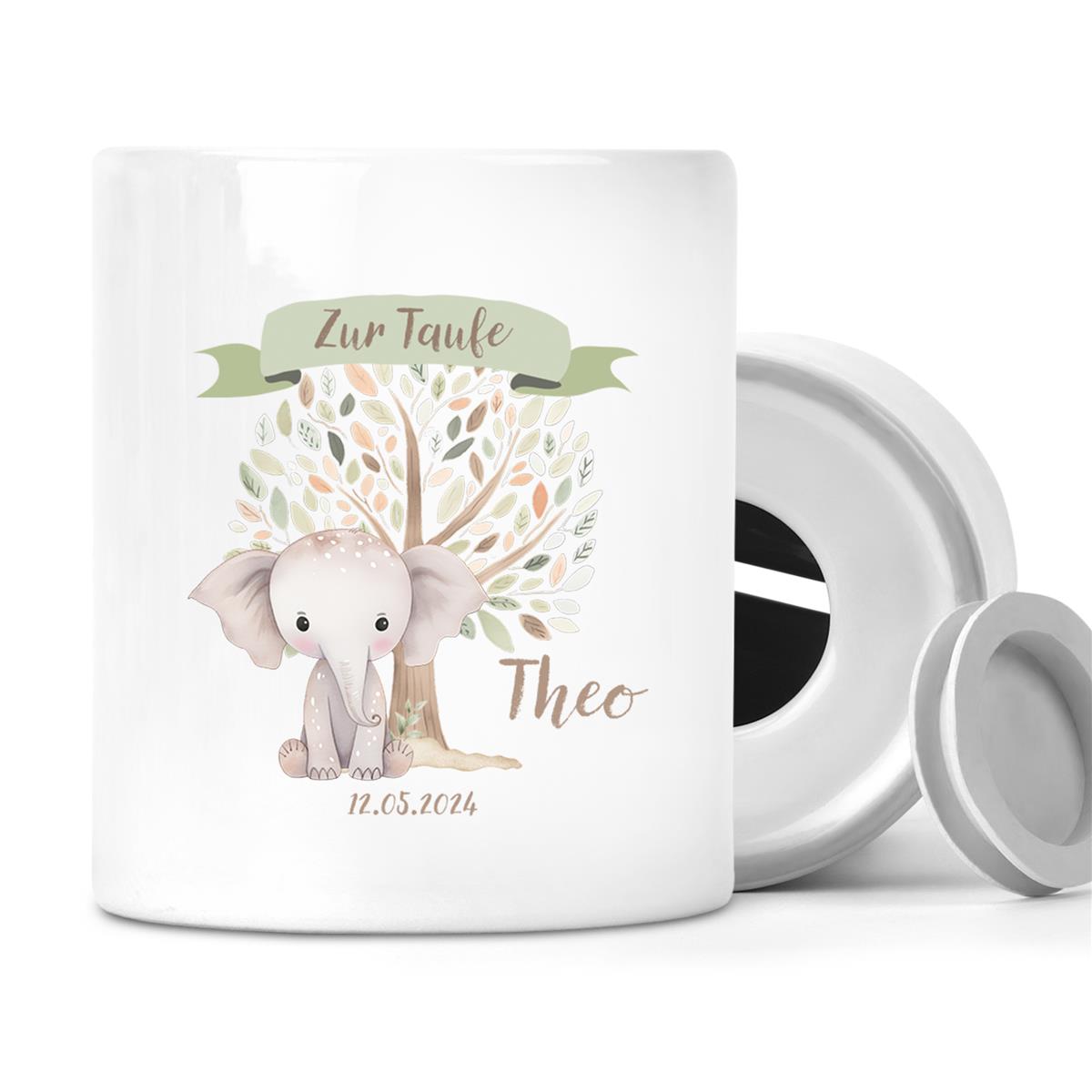 Spardose mit Wunschname Taufe Elefant 1 personalisiert