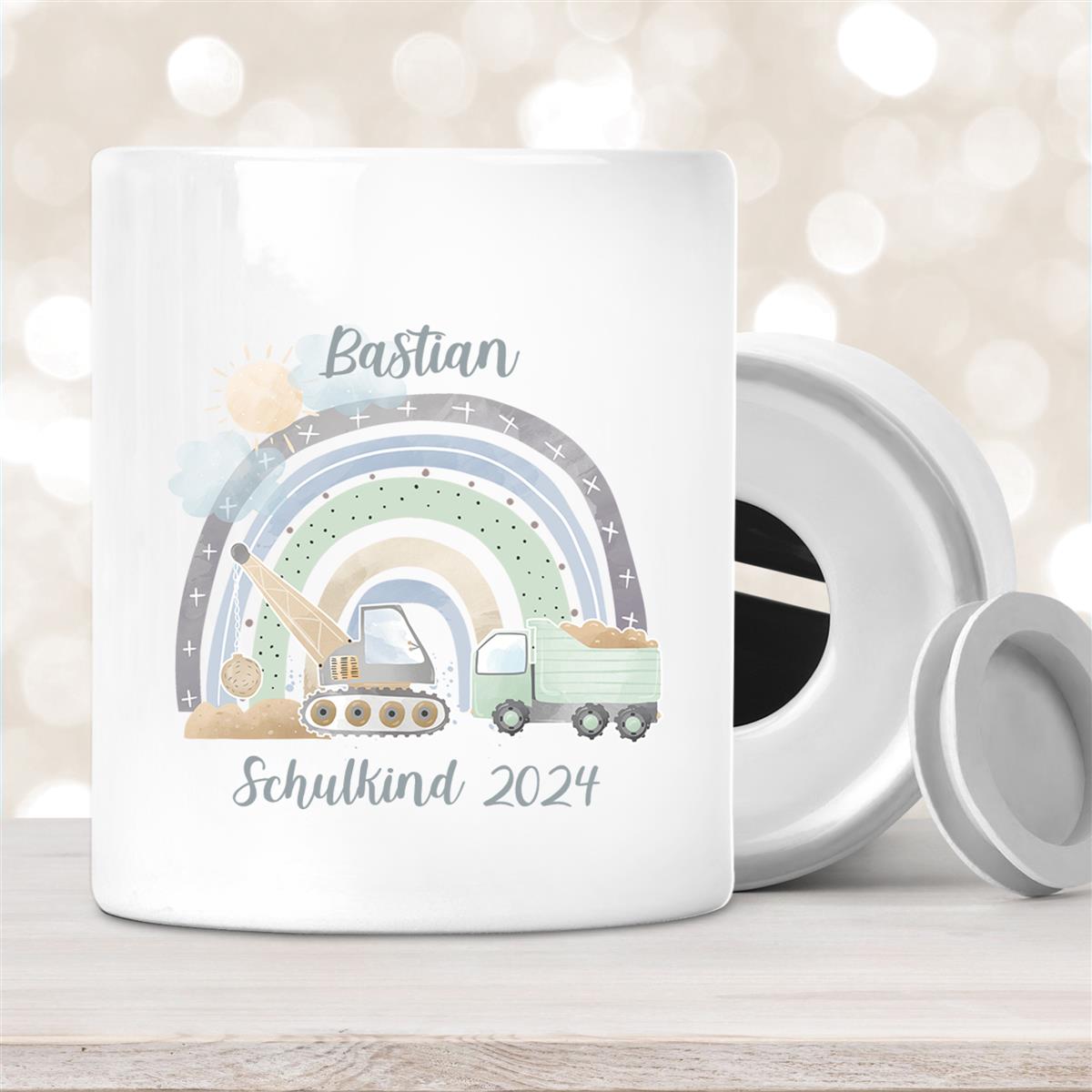 Spardose mit Wunschname Schulanfang #8 Regenbogen Baustelle personalisiert