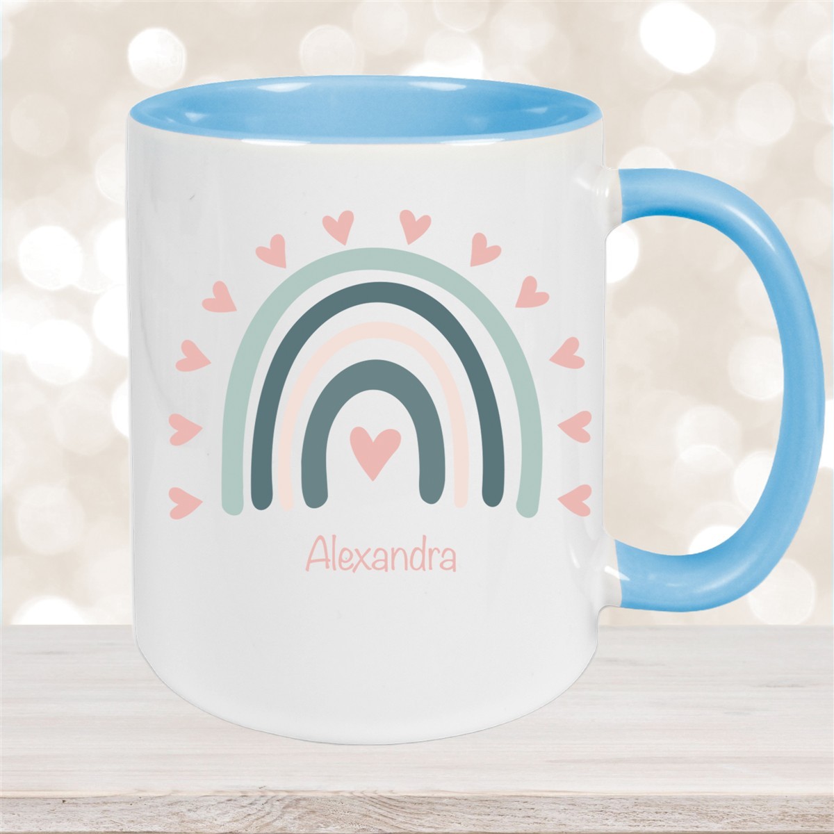 Tasse Wunschname Regenbogen #4 Keramik Kinderbecher Hellblau