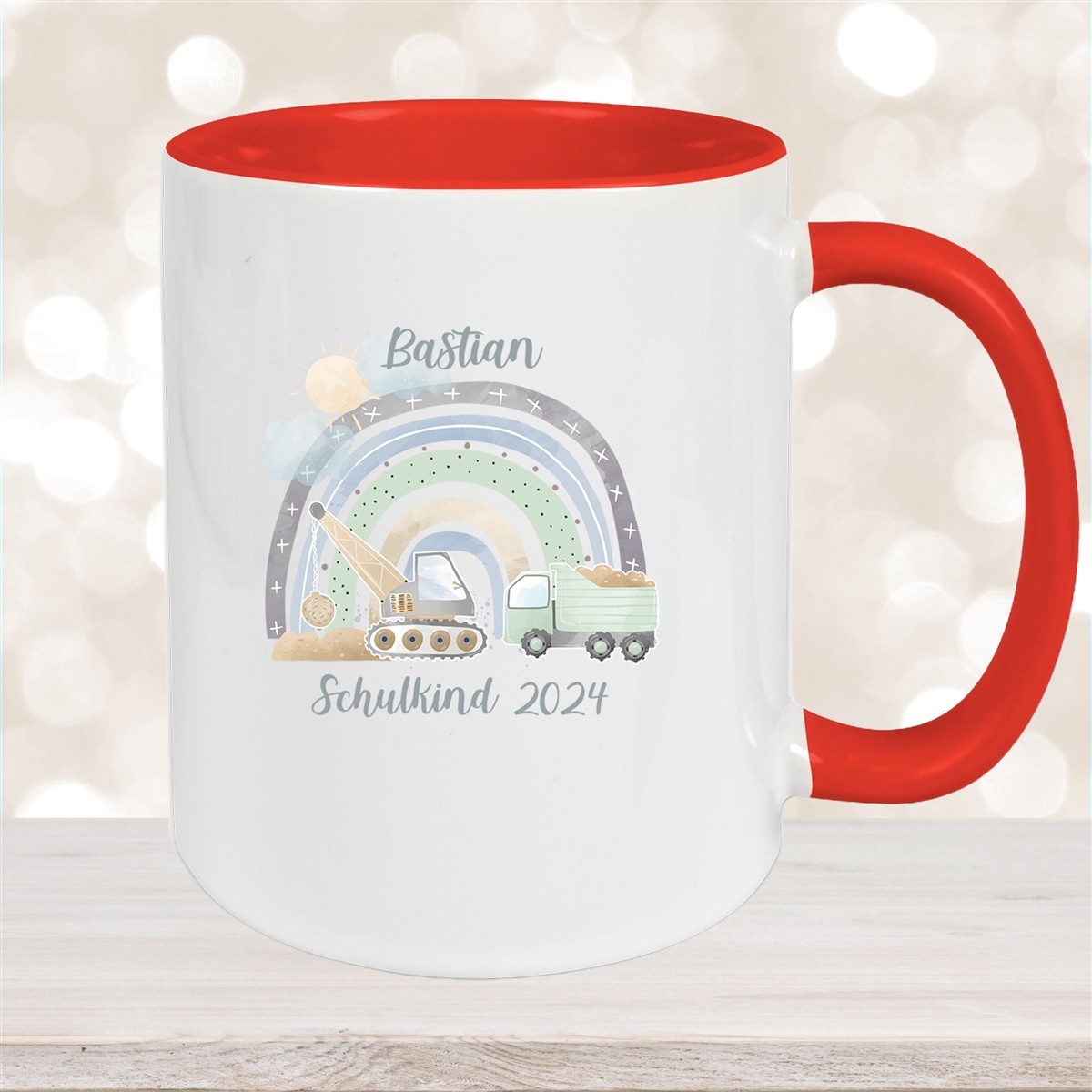 Tasse Schulkind #08 Wunschname Rainbow Baustelle Keramik Kinderbecher Personalisiert Rot