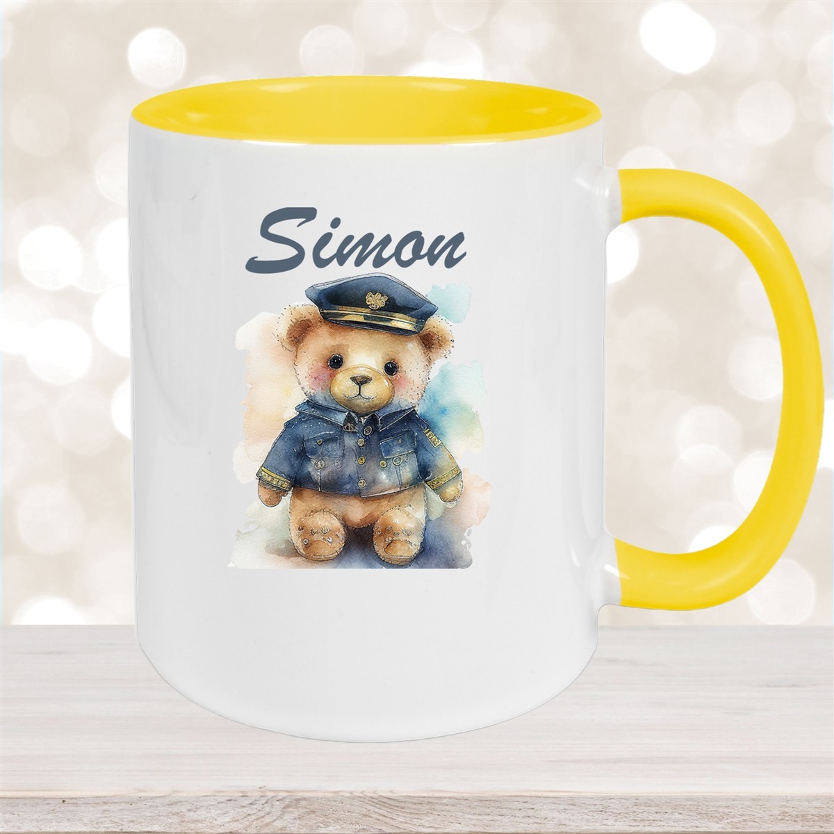 Tasse Polizei Teddy #1 Wunschname Keramik Kinderbecher personalisiert Gelb