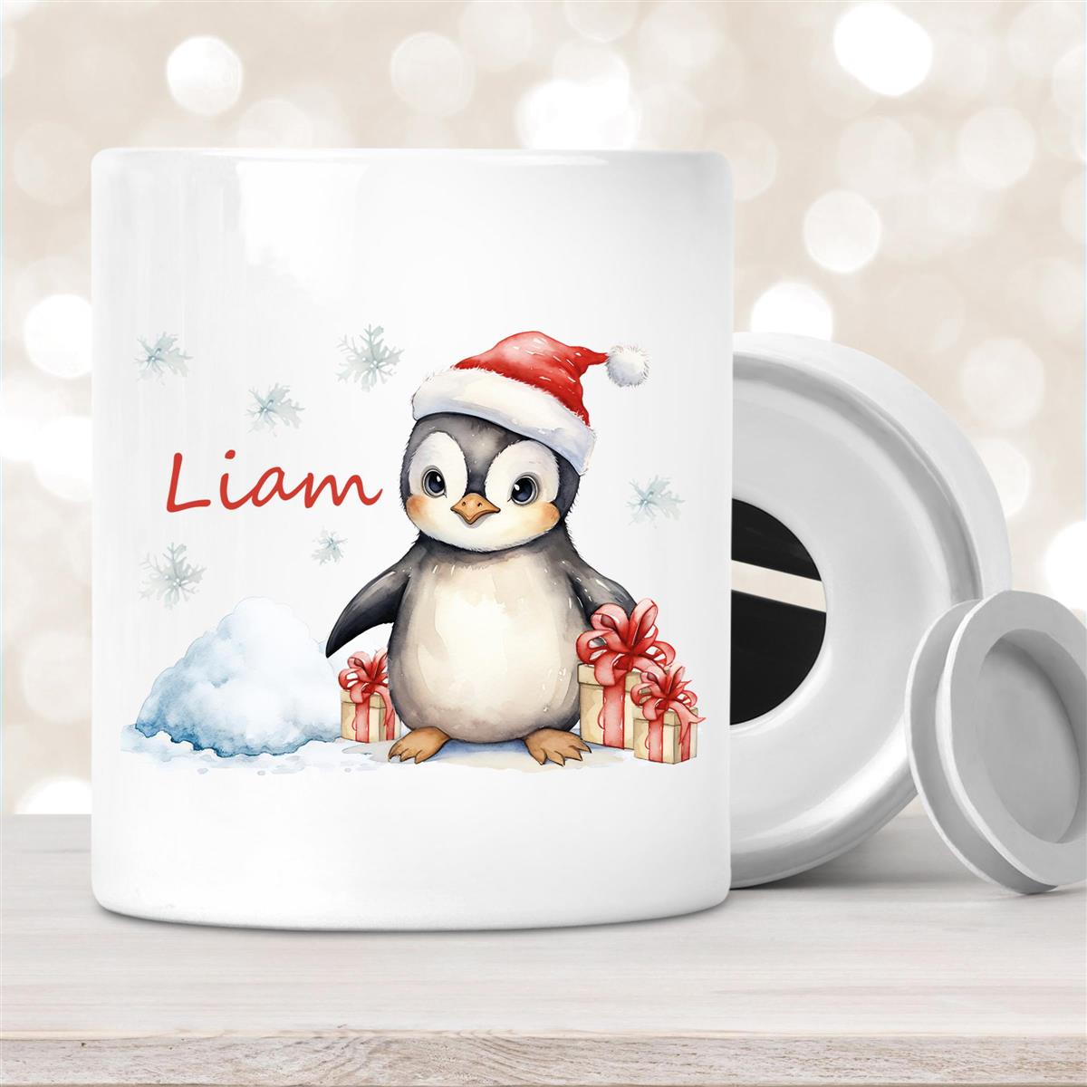Spardose mit Wunschname Weihnachten Pinguin #1 personalisiert