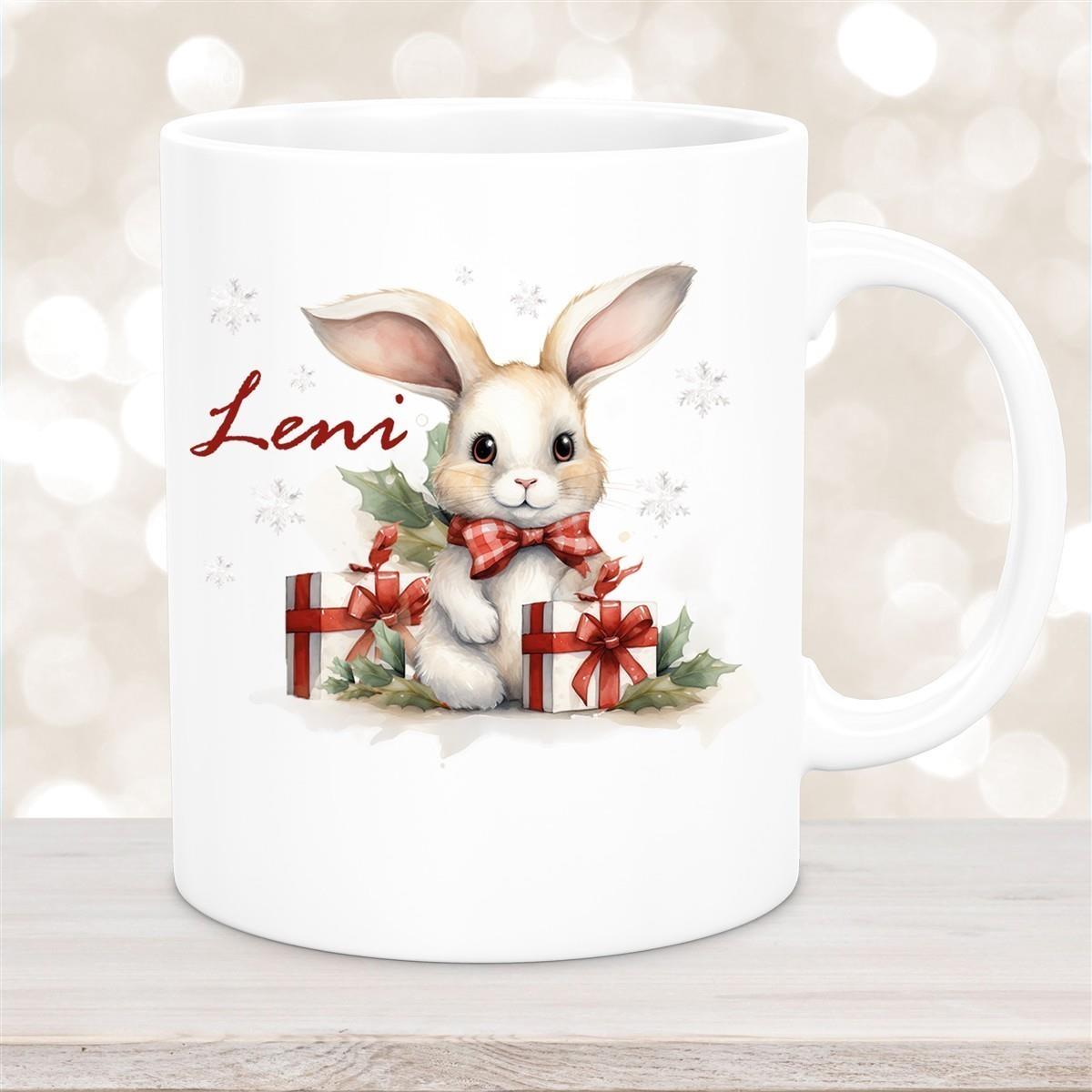 Tasse Wunschname Weihnachten Hase Sterne Keramik Kinderbecher versch. Farben