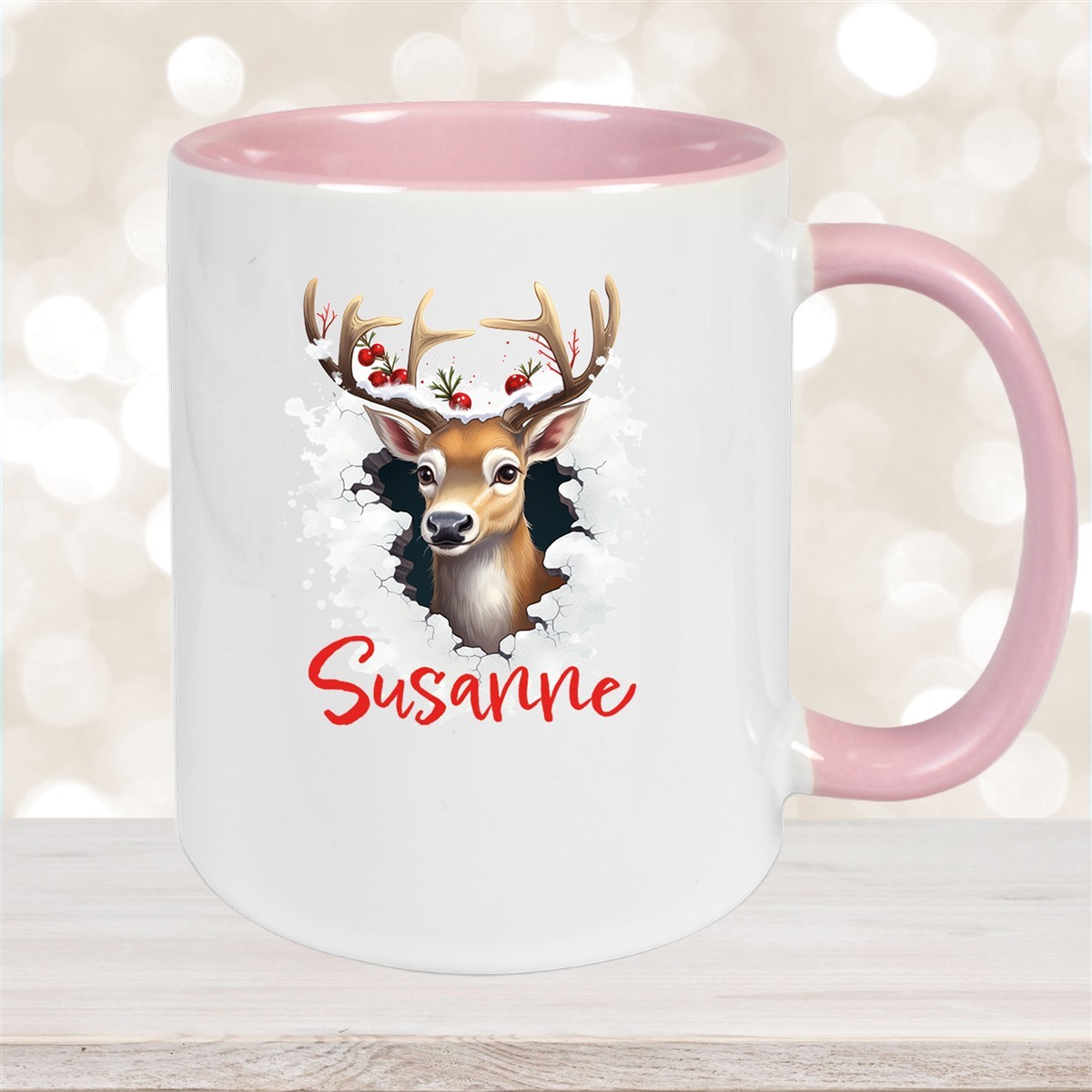 Tasse Wunschname Christmas Rentier #2 Keramik Kinderbecher Altrosa