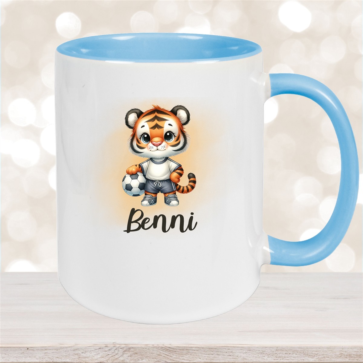 Tasse Wunschname Fußball #16 Personalisiert Tiger Keramik Kinderbecher Hellblau