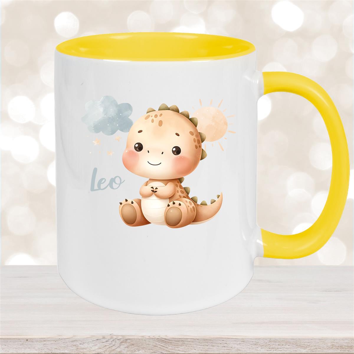 Tasse Dino #19 Wunschname Keramik Kinderbecher Personalisiert Gelb