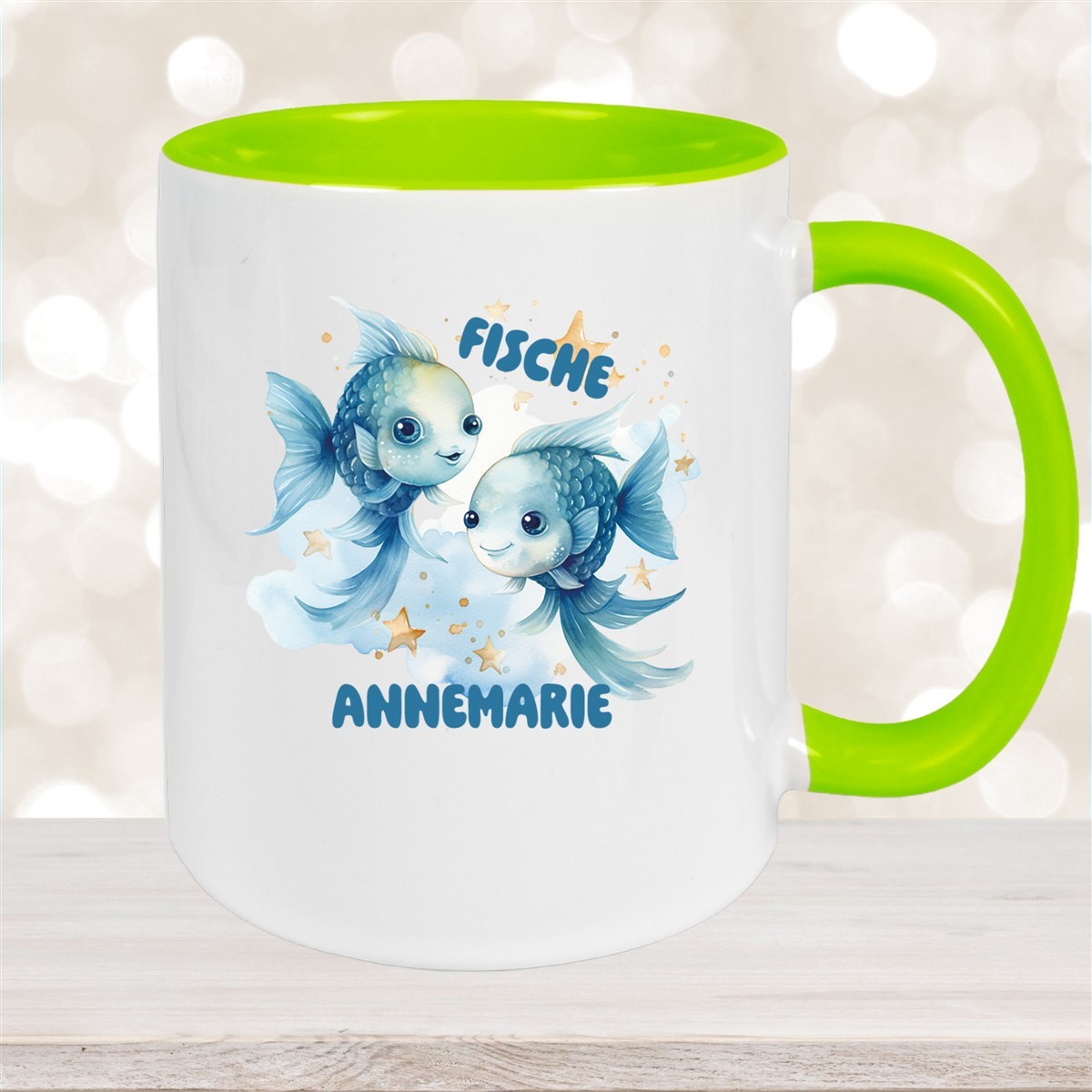 Tasse Sternzeichen Kinder Fische #1 Wunschname Keramik Kinderbecher personalisiert Grün