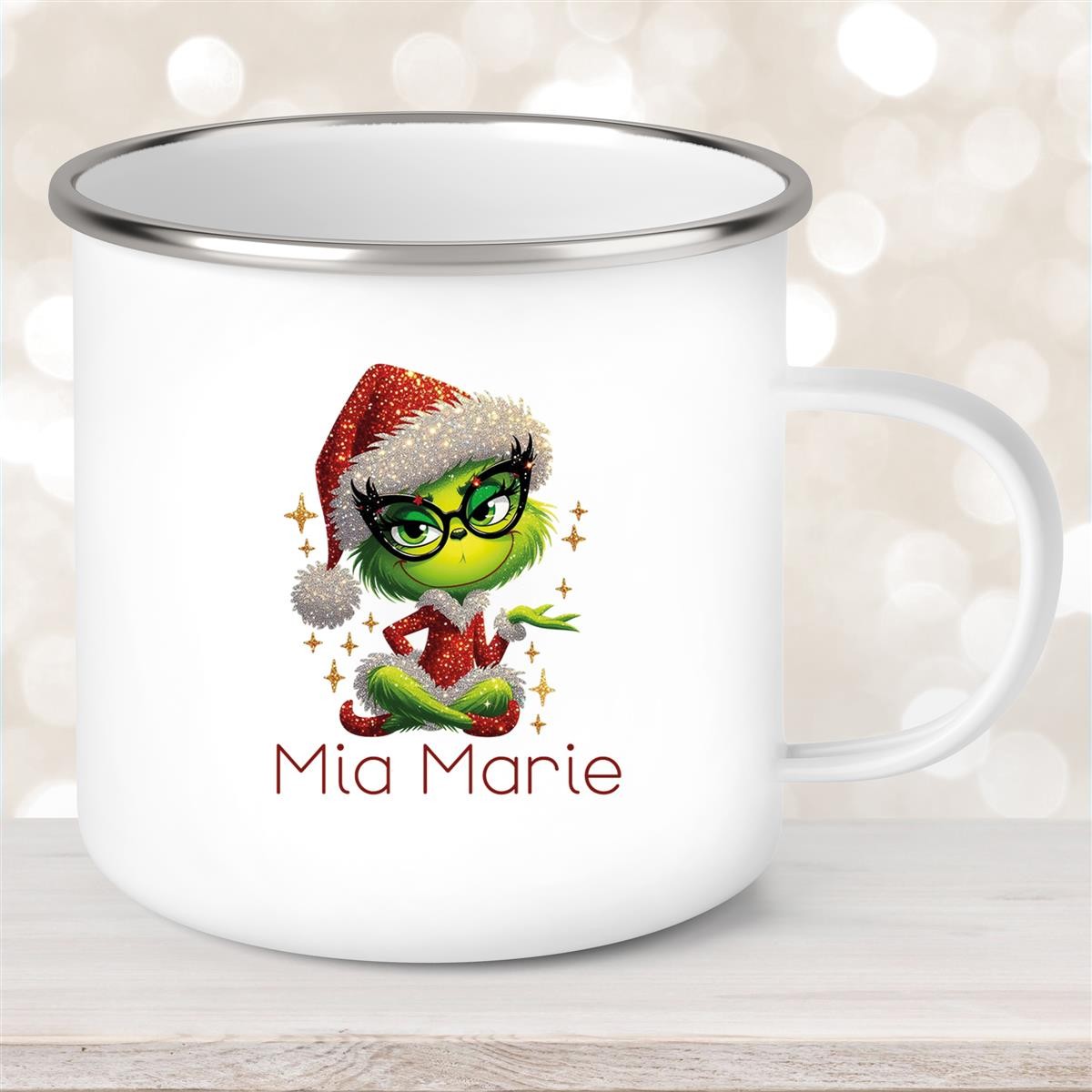 Tasse Wunschname Weihnachten Lady-Grinch #4 Emaille Kinderbecher