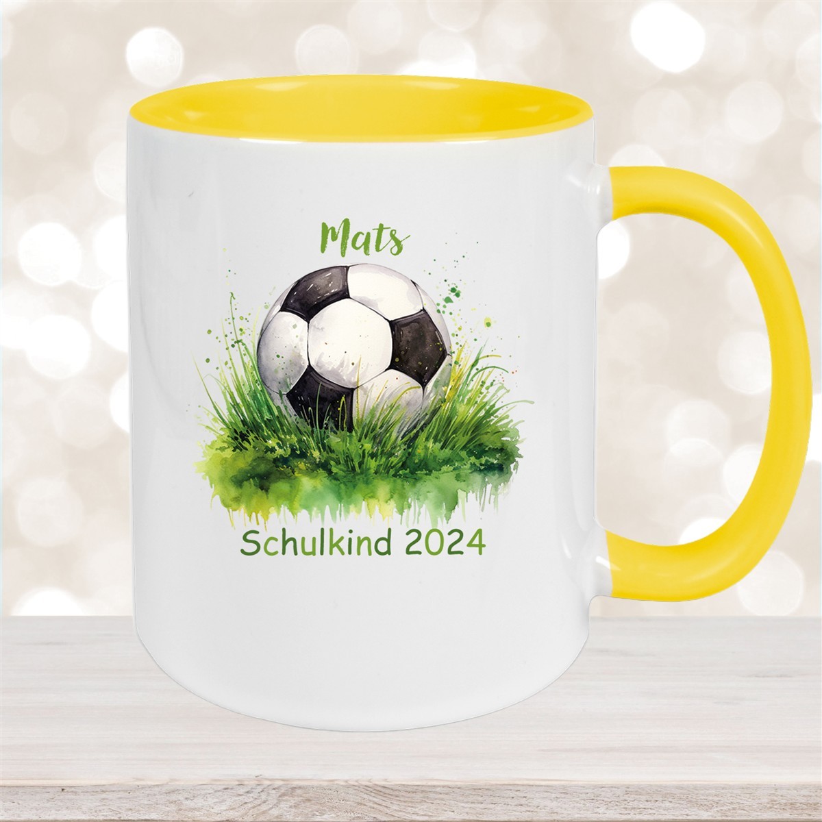 Tasse Schulkind #12 Wunschname Fußball#1 Keramik Kinderbecher Personalisiert Gelb