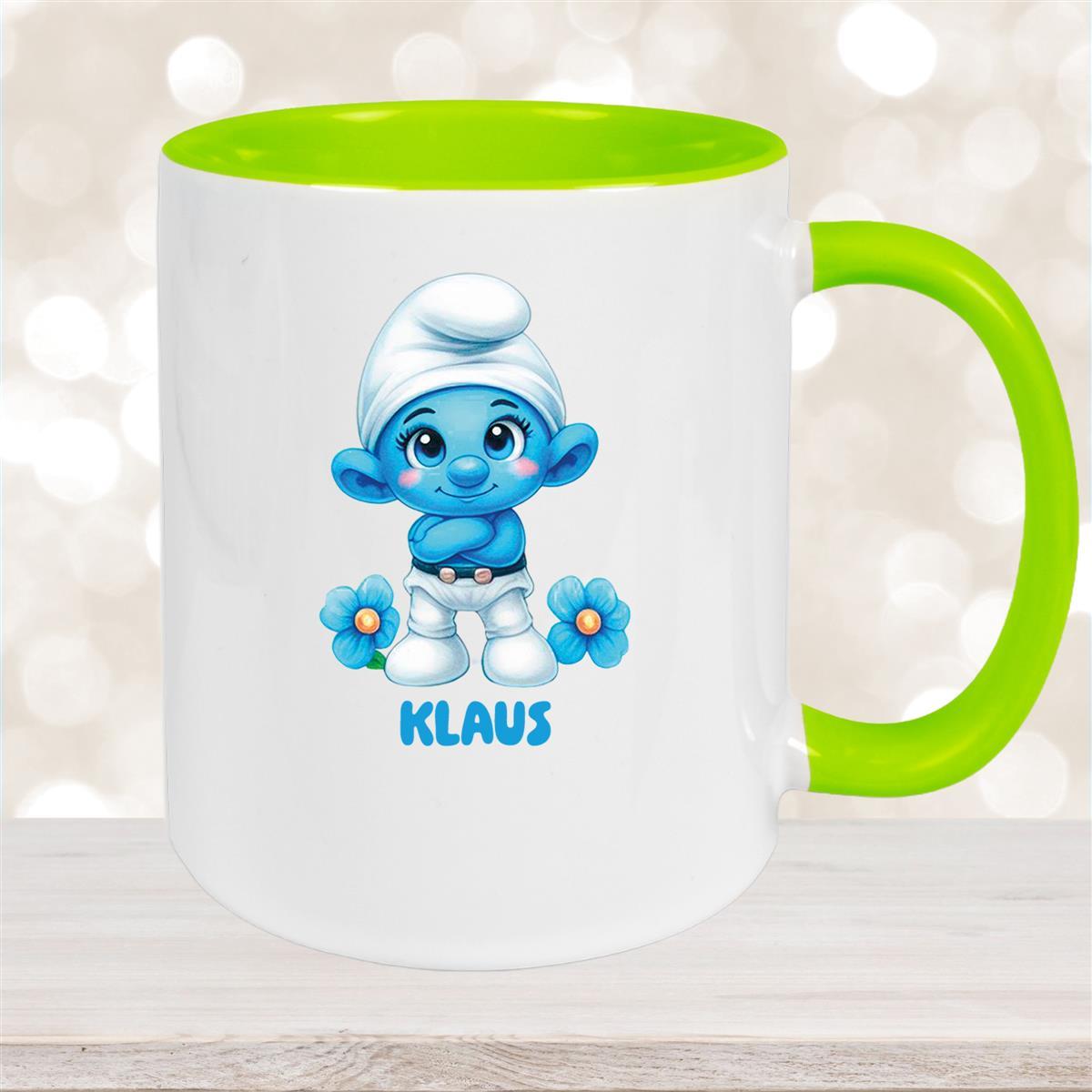 Tasse Kinder Schlumpf #3 Wunschname Keramik Kinderbecher personalisiert versch. Farben Grün