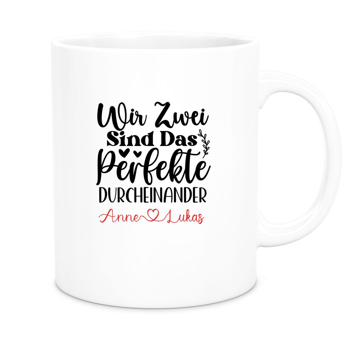 Tasse Liebe - "Wir Zwei sind das perfekte Durcheinander" Valentinstag Wunschnamen Keramik personalisiert versch. Farben
