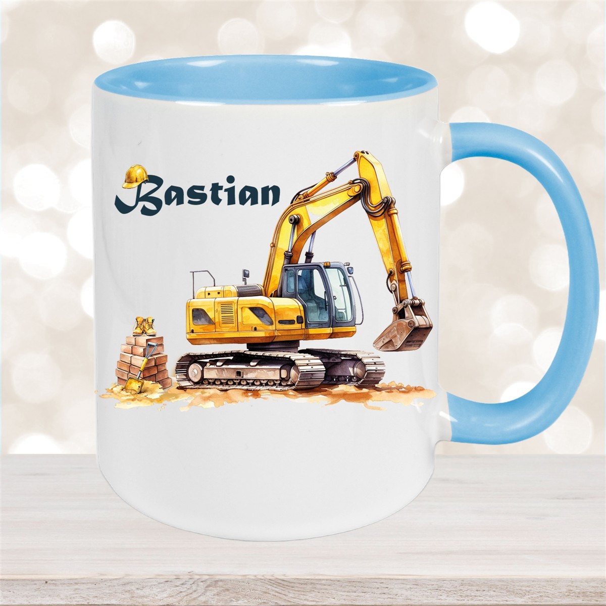 Tasse Wunschname Baustelle Bagger Keramik Kinderbecher Hellblau