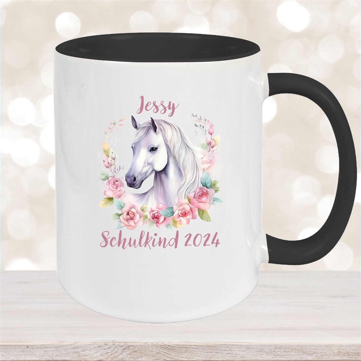 Tasse Schulkind #14 Wunschname Pferd#1 Keramik Kinderbecher Personalisiert Schwarz