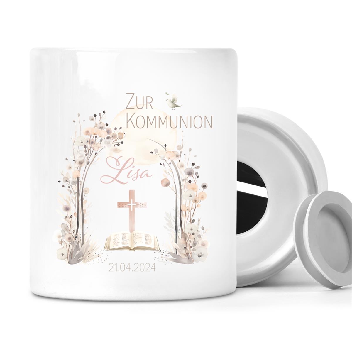 Spardose zur Kommunion mit Wunschname Blumen 1 Personalisiert