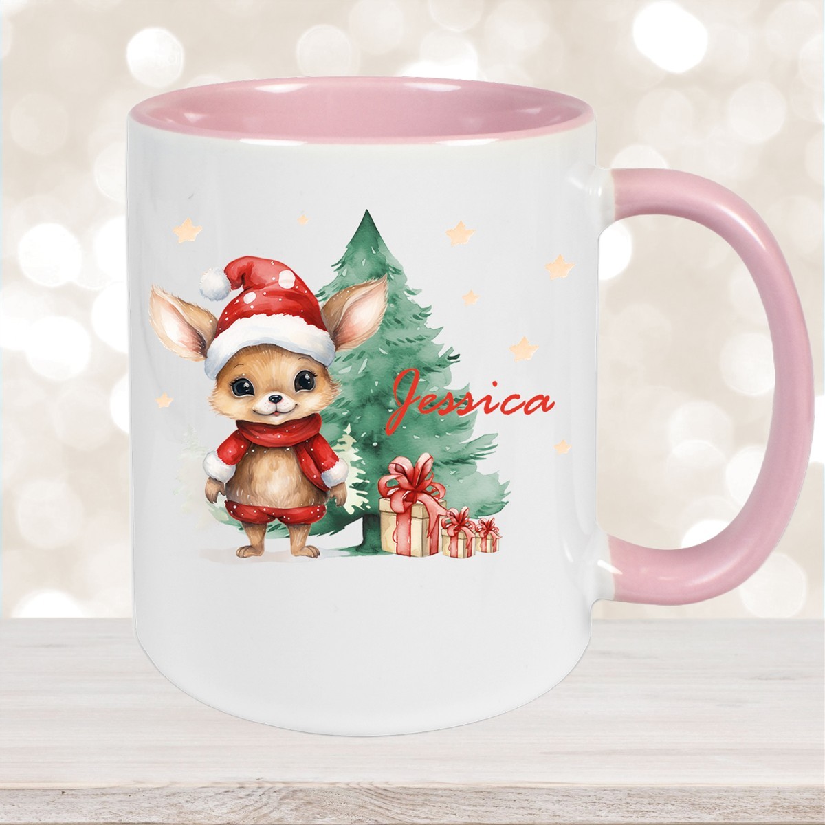 Tasse Wunschname Weihnachten Rehlein-Tannenbaum Keramik Kinderbecher Altrosa