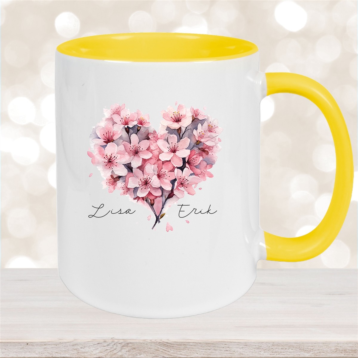 Tasse Liebe - Kirschblüten-Herz Valentinstag Wunschnamen Keramik personalisiert versch. Farben Gelb