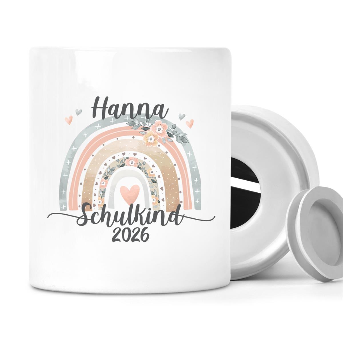 Spardose mit Wunschname Schulanfang 6 Regenbogen personalisiert
