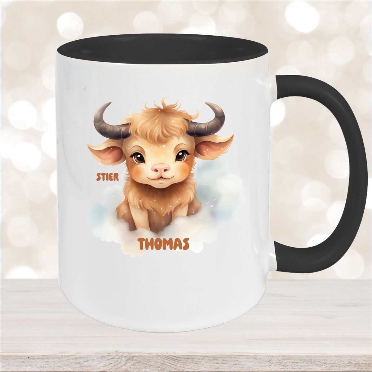 Tasse Sternzeichen Kinder Stier #1 Wunschname Keramik Kinderbecher personalisiert Schwarz