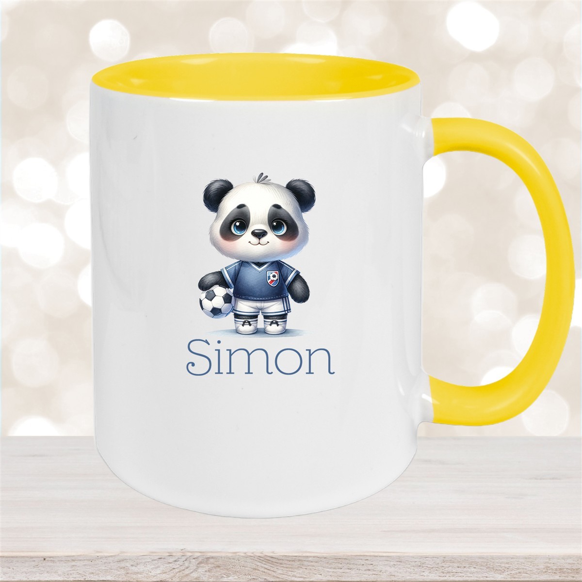 Tasse Wunschname Fußball #17 Personalisiert Panda Keramik Kinderbecher Gelb