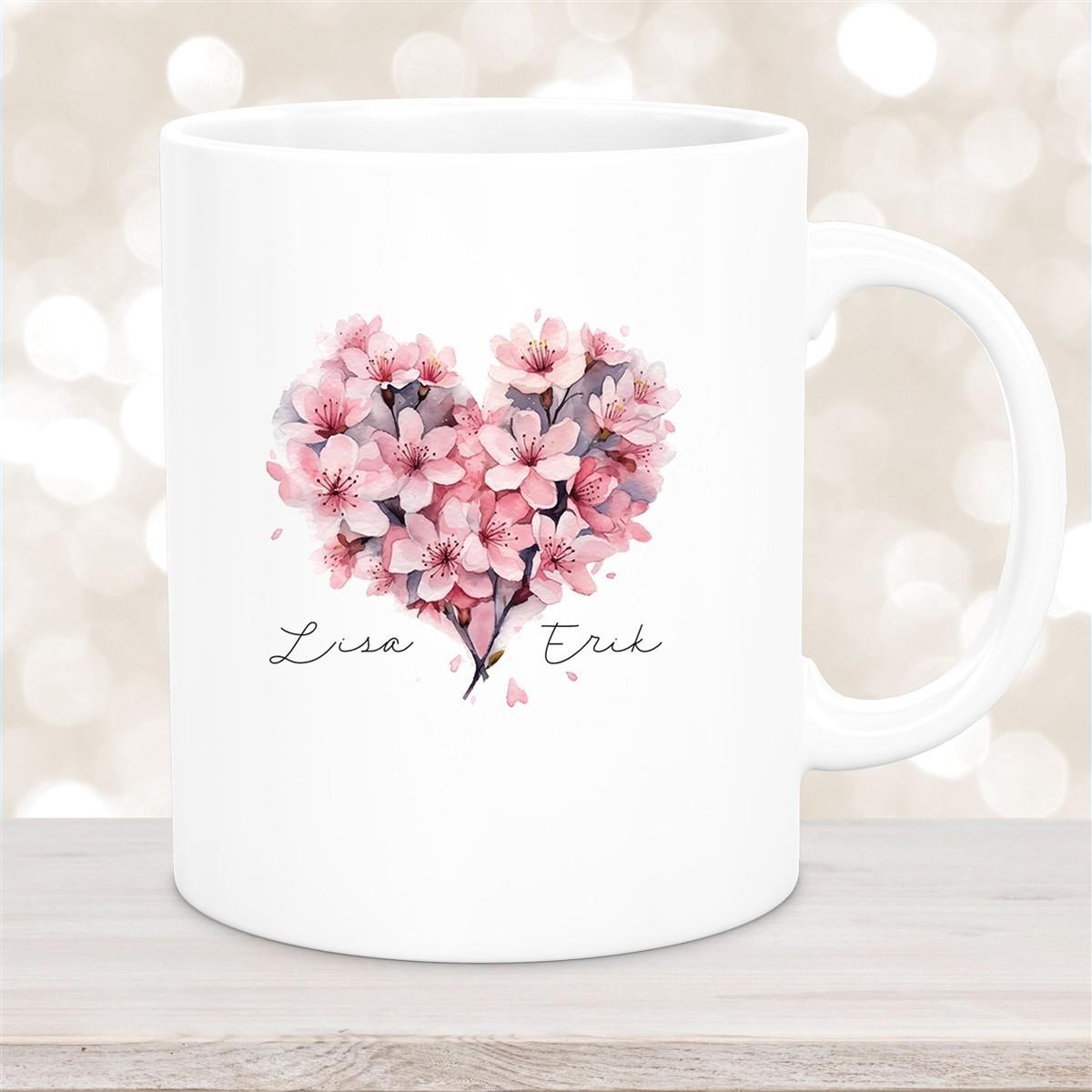 Tasse Liebe - Kirschblüten-Herz Valentinstag Wunschnamen Keramik personalisiert versch. Farben