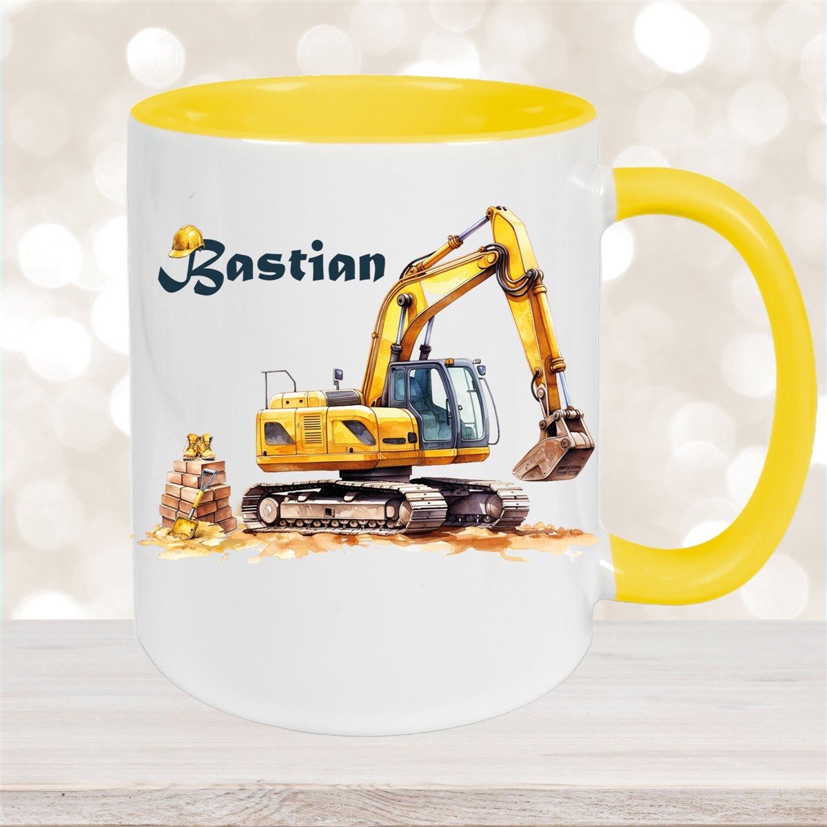 Tasse Wunschname Baustelle Bagger Keramik Kinderbecher Gelb