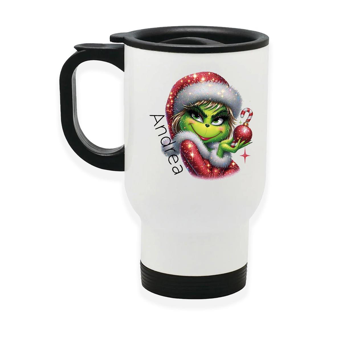 Edelstahl-Thermobecher mit Deckel Weihnachten Lady-Grinch 3 personalisiert weiß
