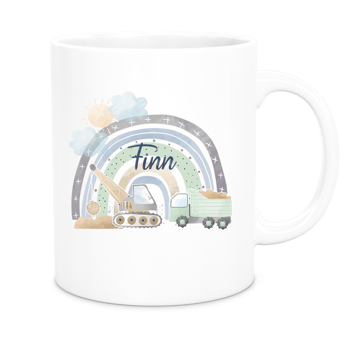 Tasse Wunschname Baustelle Regenbogen 1 Keramik Kinderbecher versch. Farben