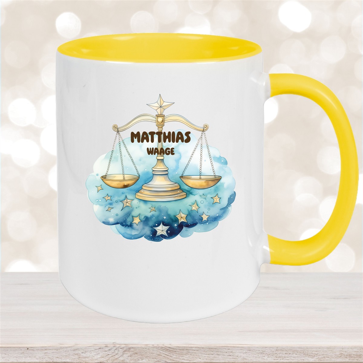 Tasse Sternzeichen Kinder Waage #1 Wunschname Keramik Kinderbecher personalisiert Gelb