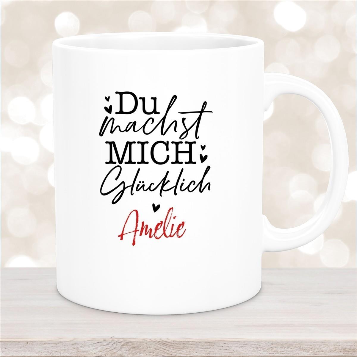 Tasse Liebe - Spruch "Du machst mich glücklich" Valentinstag Wunschnamen Keramik personalisiert versch. Farben
