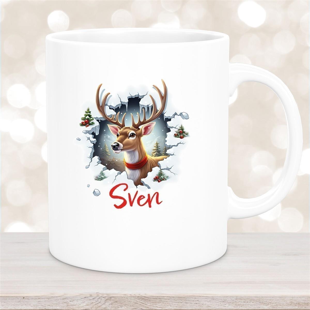 Tasse Wunschname Christmas Rentier 3 Keramik Kinderbecher versch. Farben
