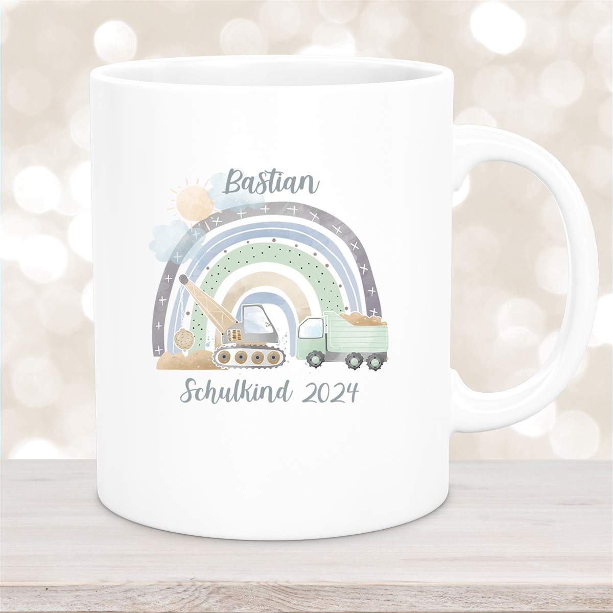 Tasse Schulkind #08 Wunschname Rainbow Baustelle Keramik Kinderbecher Personalisiert Weiß