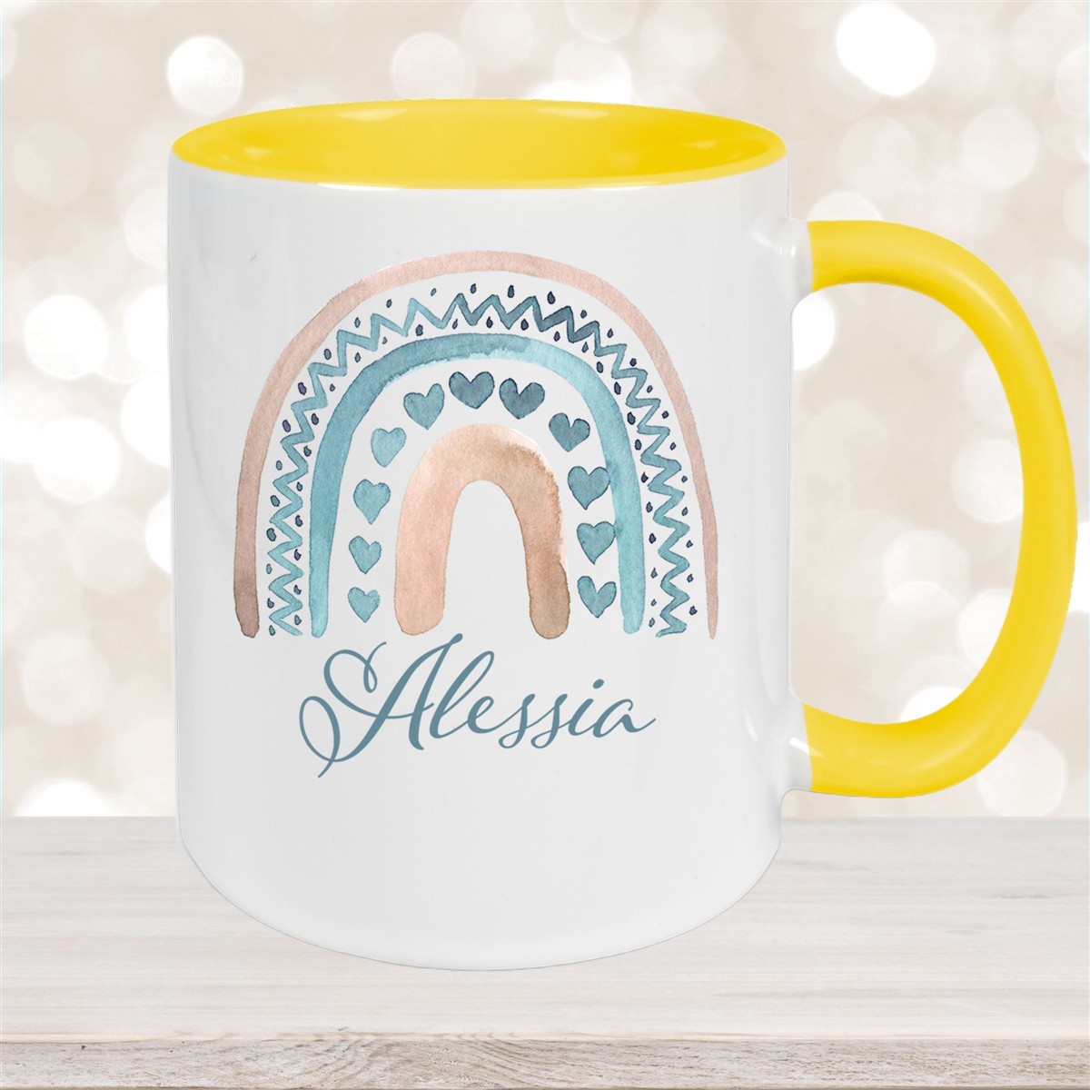 Tasse Wunschname Regenbogen #5 Keramik Kinderbecher Gelb