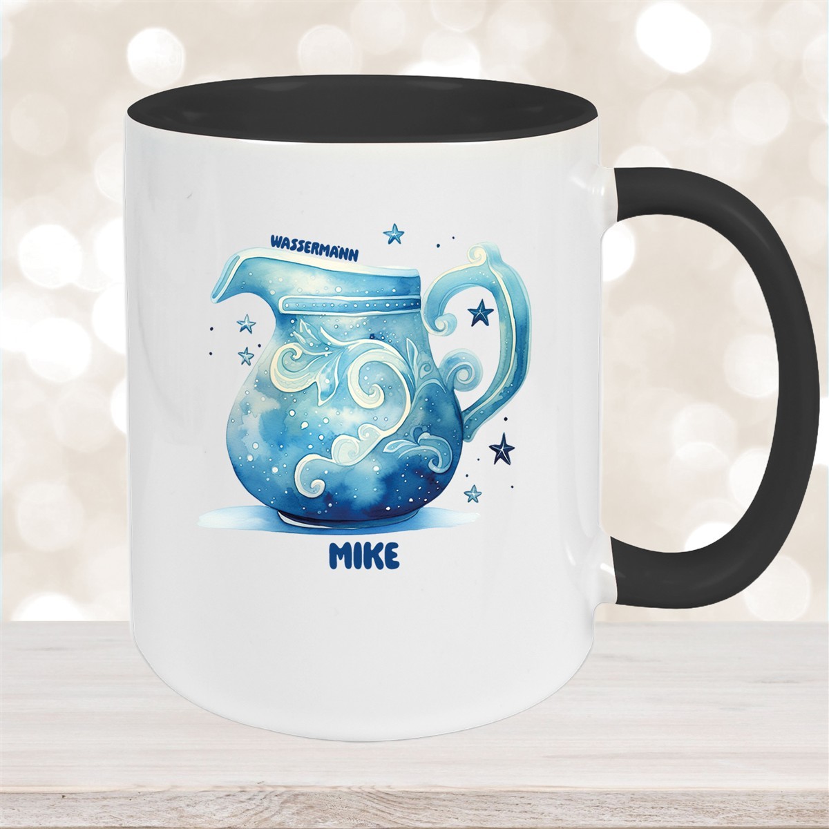 Tasse Sternzeichen Kinder Wassermann #1 Wunschname Keramik Kinderbecher personalisiert Schwarz