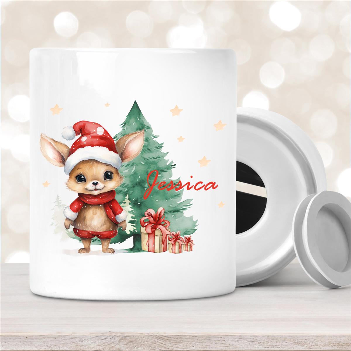Spardose mit Wunschname Weihnachten Rehlein-Tannenbaum personalisiert