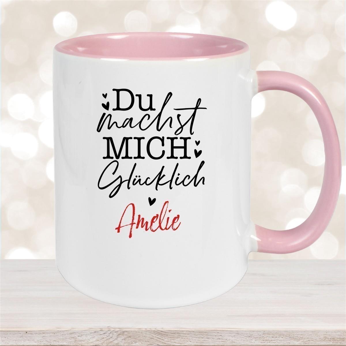 Tasse Liebe - Spruch "Du machst mich glücklich" Valentinstag Wunschnamen Keramik personalisiert versch. Farben