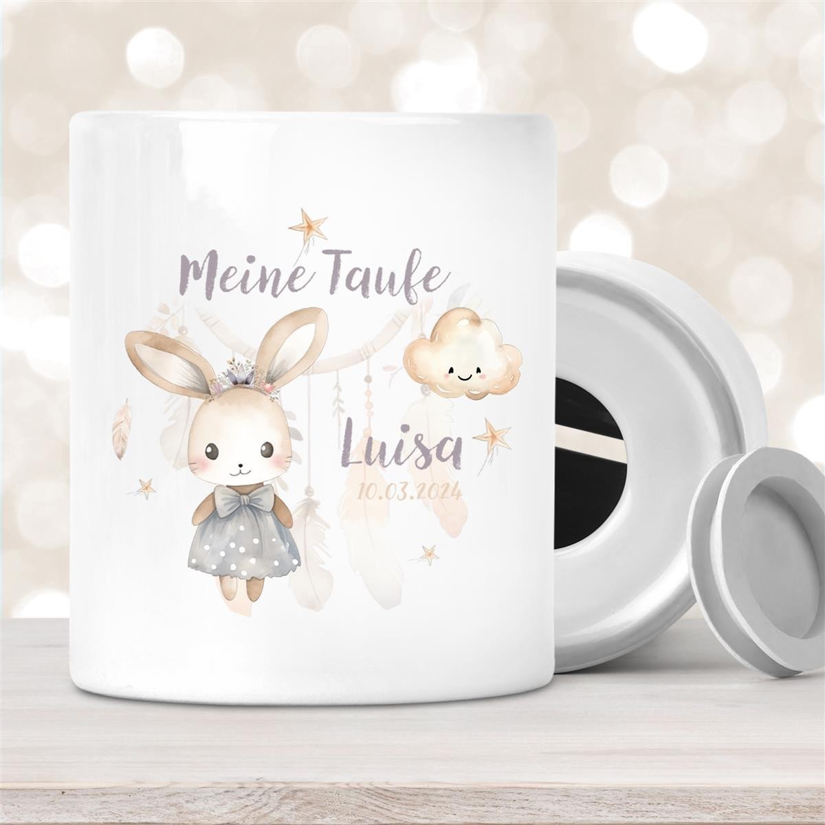 Spardose mit Wunschname Taufe Hase #1 personalisiert Spardose mit Wunschname Taufe Hase #1 personalisiert