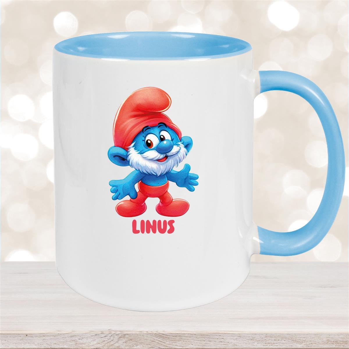 Tasse Kinder Schlumpf #4 Papa Schlumpf Wunschname Keramik Kinderbecher personalisiert versch. Farben Hellblau