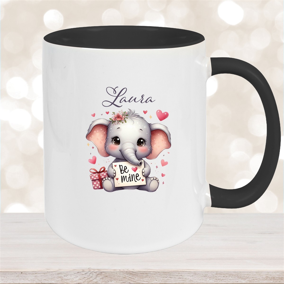 Tasse Liebe - Elefant Valentinstag Wunschnamen Keramik personalisiert versch. Farben Schwarz