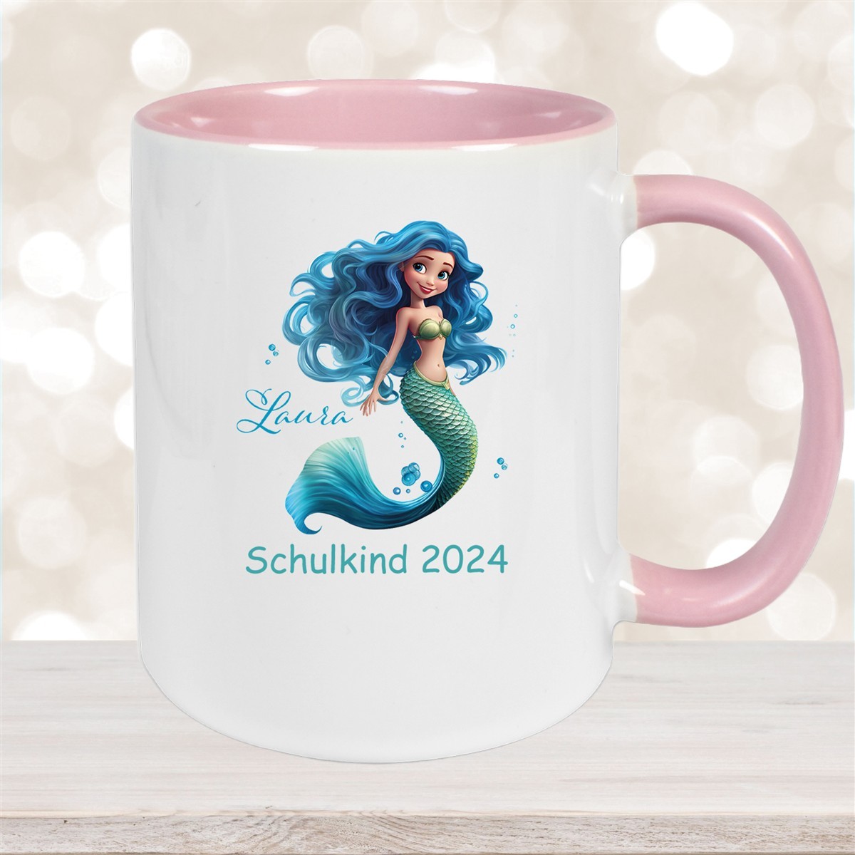 Tasse Schulkind #10 Wunschname Meerjungfrau #1 Keramik Kinderbecher Personalisiert Altrosa