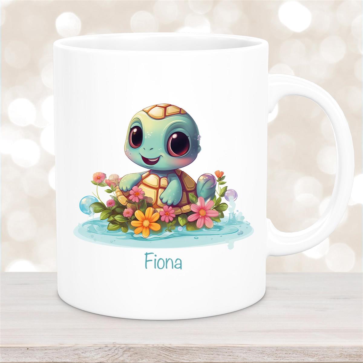 Tasse Wunschname Schildkröte #2 Keramik Kinderbecher personalisiert Weiß