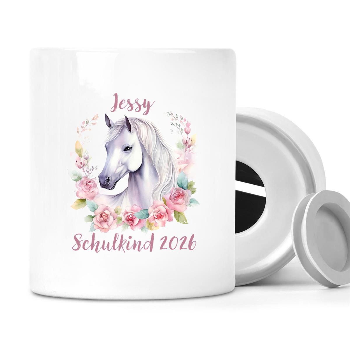 Spardose mit Wunschname Schulanfang 14 Pferd personalisiert