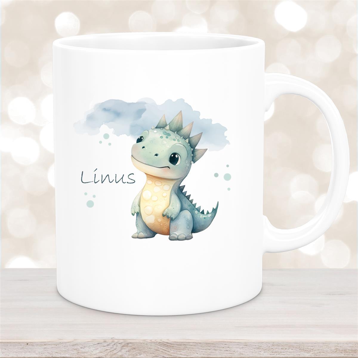 Tasse Dino #15 Wunschname Keramik Kinderbecher Personalisiert Weiß