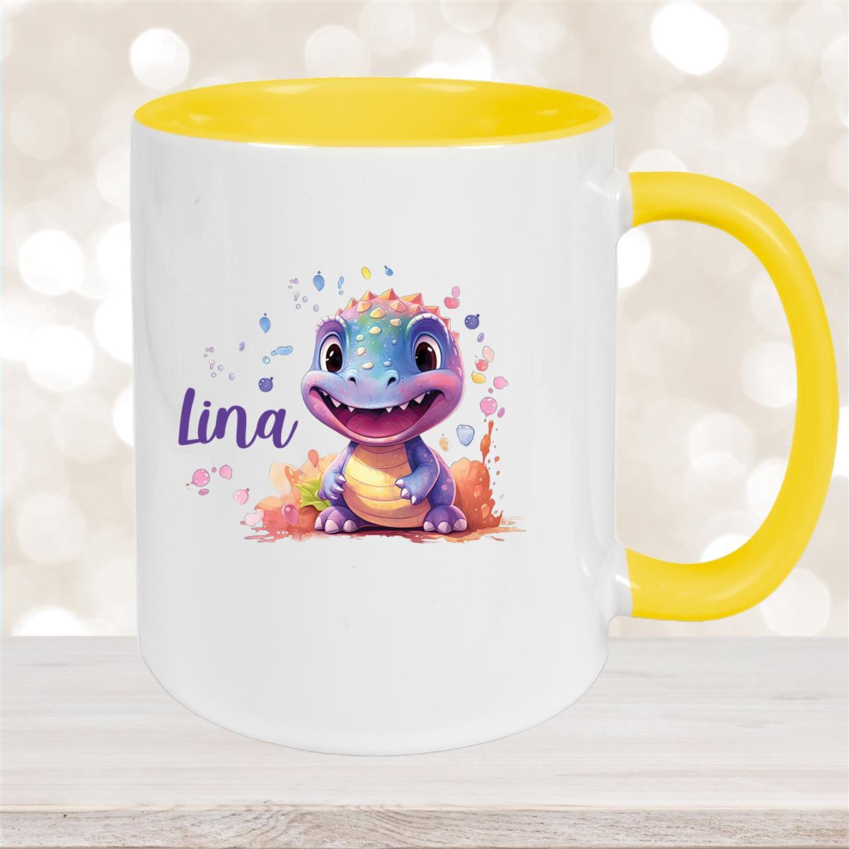 Tasse Dino #9 Wunschname Keramik Kinderbecher Personalisiert Gelb