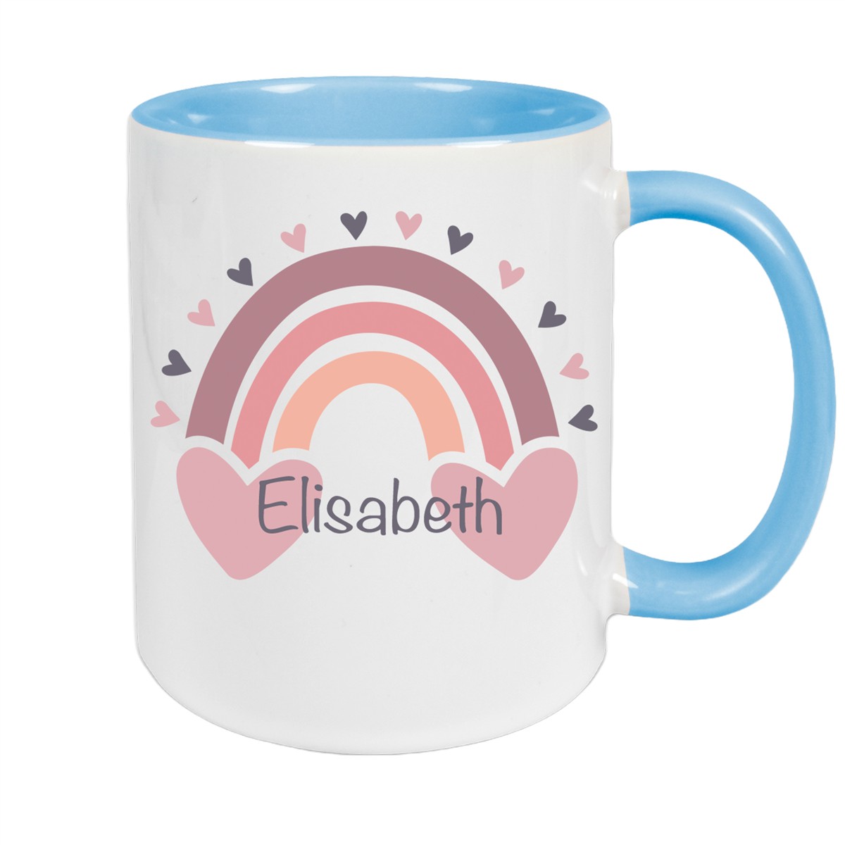 Tasse Wunschname Regenbogen #2 Keramik Kinderbecher Hellblau