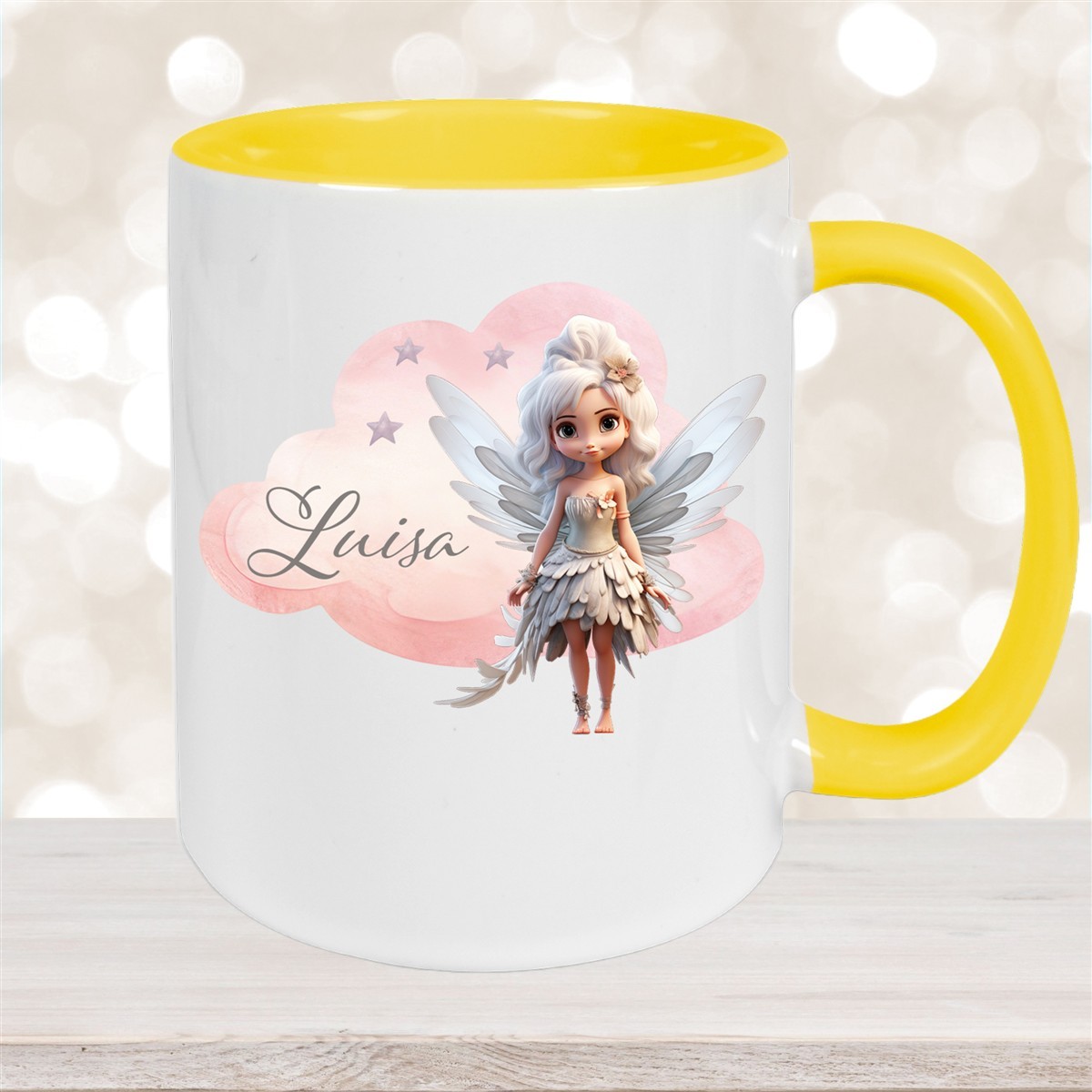 Tasse Fee #1 Wunschname Keramik Kinderbecher personalisiert Gelb