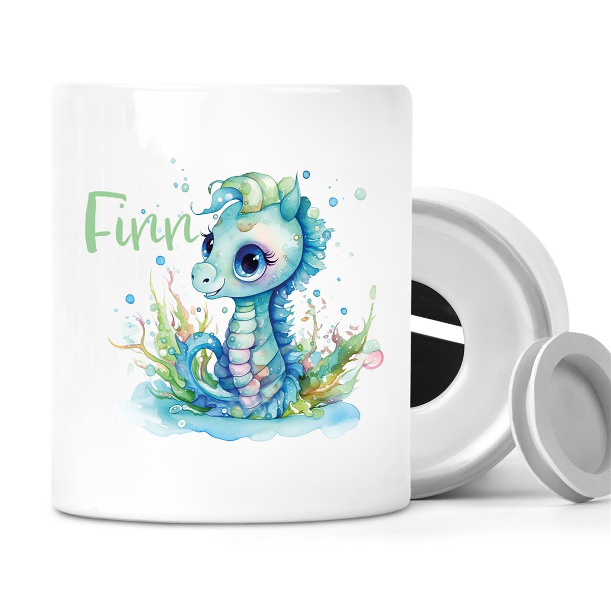 Spardose mit Wunschname Meerestiere Seepferdchen 1 personalisiert