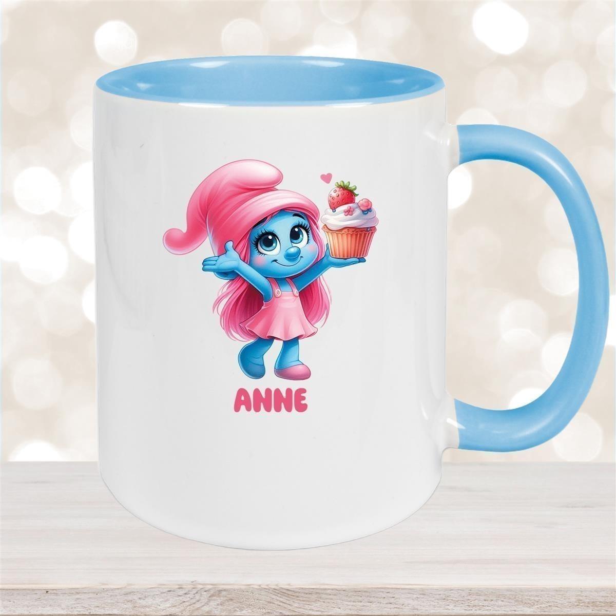 Tasse Kinder Schlumpf 2 mit Muffin Wunschname Keramik Kinderbecher personalisiert versch. Farben