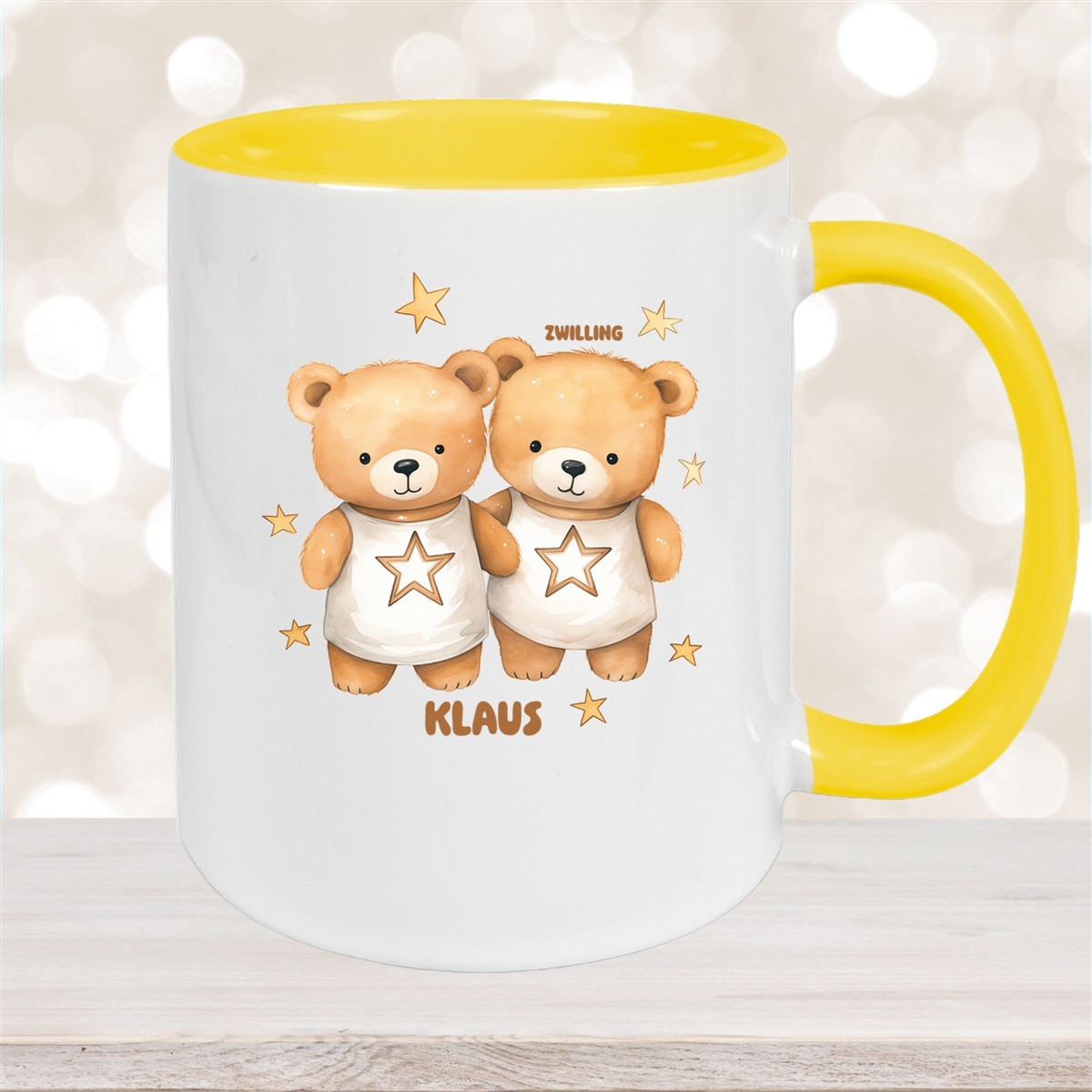 Tasse Sternzeichen Kinder Zwilling #1 Wunschname Keramik Kinderbecher personalisiert Gelb